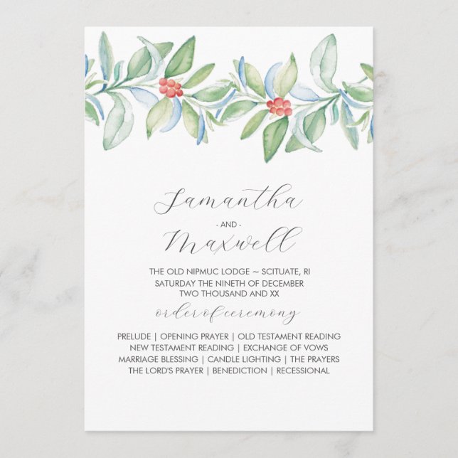 Christmas Wedding Programs Elegant Winter Greenery (Front)