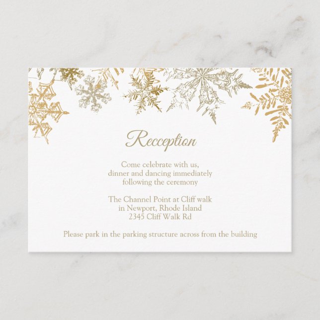 Christmas Wedding Reception Gold Snowflakes Winter Enclosure Card (Front)