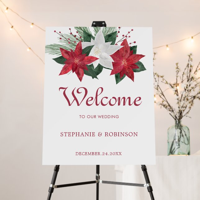 Christmas Wedding Red Poinsettia Welcome Sign (In Situ (Stand))