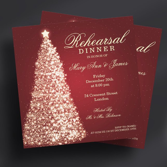 Christmas Wedding Rehearsal Dinner Gold Red Invitation (Christmas Wedding Rehearsal Dinner Gold Red Invitation)