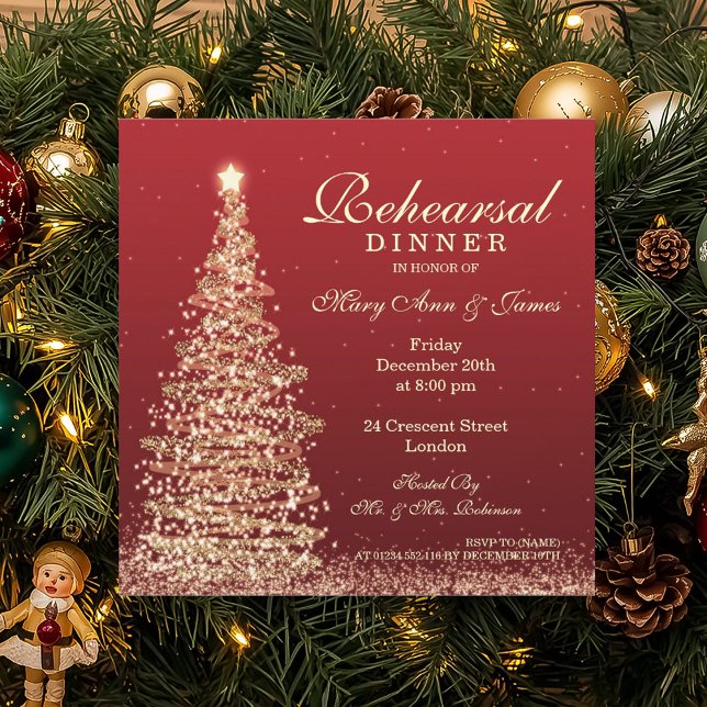 Christmas Wedding Rehearsal Dinner Red Gold Invitation (Christmas Wedding Rehearsal Dinner Red Gold Invitation)