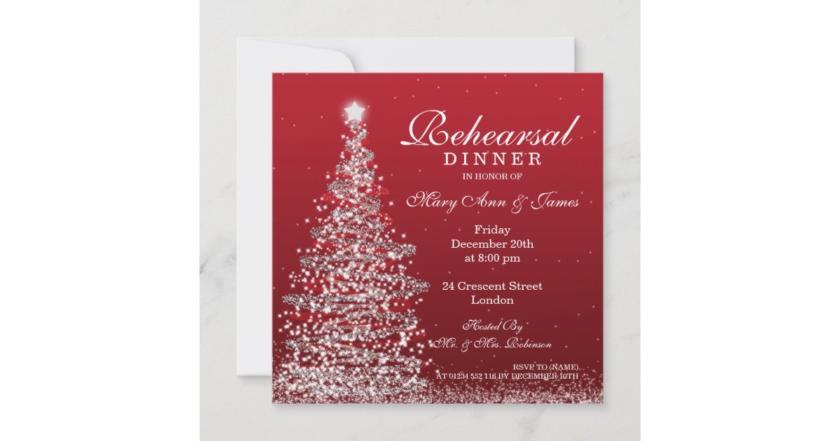 Christmas Wedding Rehearsal Dinner Red Silver Invitation | Zazzle