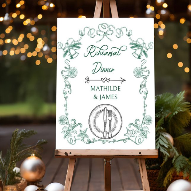 Christmas Wedding Rehearsal Dinner Ribbon Frame Foam Board (Christmas wedding rehearsal dinner sign from the Wedding Direction Signs collection by Darling & May)