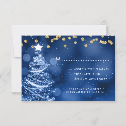 Christmas Wedding RSVP Sparkle Tree Gold Blue 