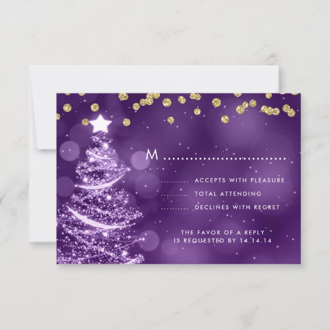 Christmas Wedding RSVP Sparkle Tree Gold Purple (Front)