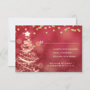 Christmas Wedding RSVP Sparkle Tree Red Gold Card