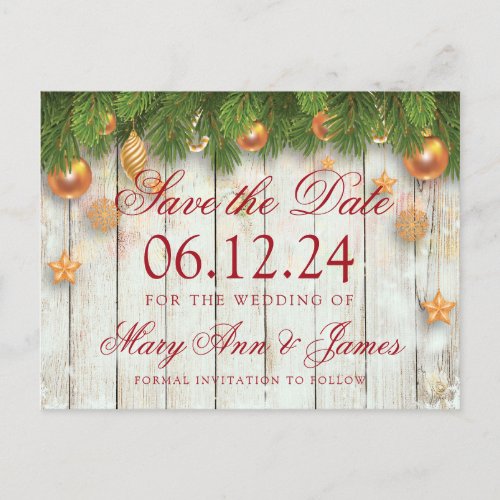 Christmas Wedding Save The Date Gold Baubles Announcement Postcard
