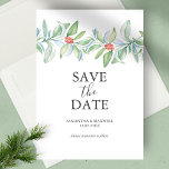 Christmas Wedding Save The Date Invitation<br><div class="desc">Celebrate your engagement with this elegant Christmas wedding save the date invitation, featuring a top border of hand-painted watercolor winter greenery. Designed as a non photo card, it offers a minimalist yet refined look with "Save the Date" styled in charcoal gray on a crisp white background. The reverse side features...</div>