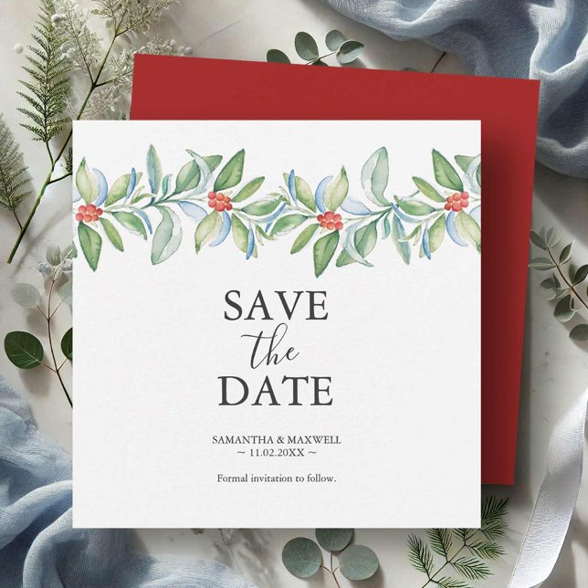 Christmas Wedding Save The Date Invitations (Christmas wedding save the date invitation card features watercolor art by Victoria Grigaliunas)