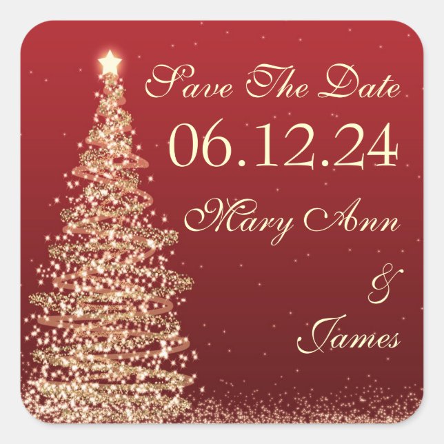 Christmas Wedding Save The Date Red Gold Square Sticker (Front)