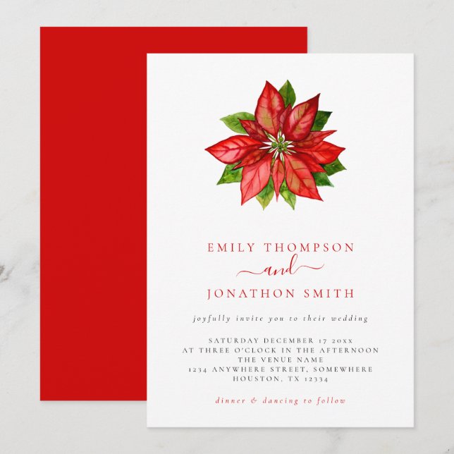 Christmas Wedding Single Red Poinsettia Invitation (Front/Back)