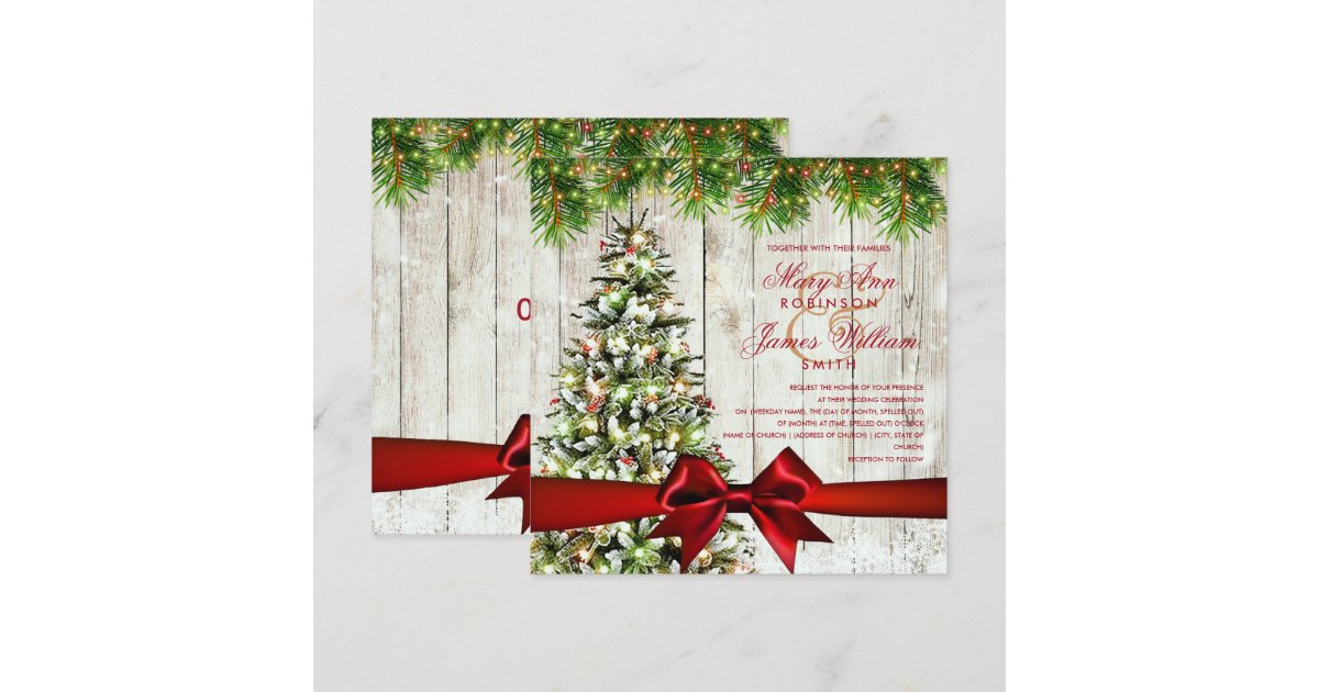 Christmas Wedding Tree, Lights & Red Ribbon Invitation | Zazzle