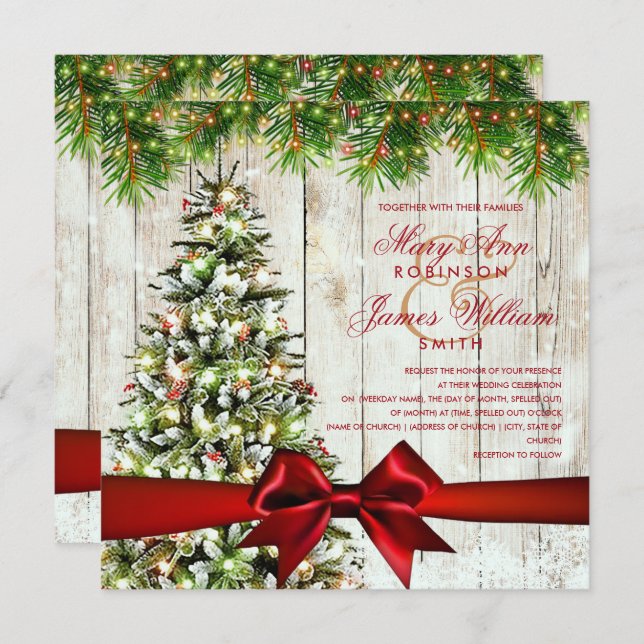 Christmas Wedding Tree, Lights & Red Ribbon Invitation (Front/Back)