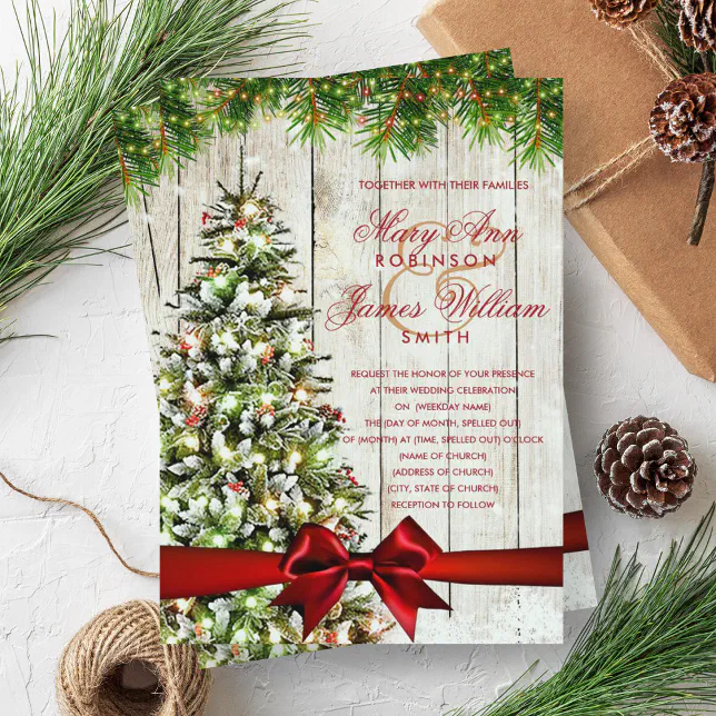 Christmas Wedding Tree, Lights & Red Ribbon Invitation | Zazzle