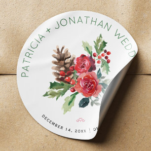 Christmas wedding watercolor floral and berries classic round sticker