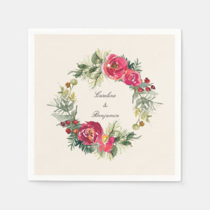 Christmas Wedding Watercolor Floral Wreath Berry Napkins