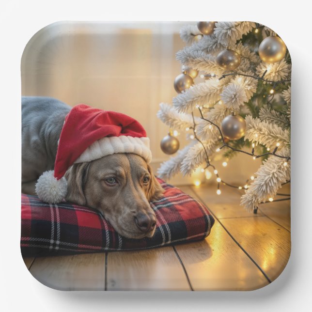 Christmas Weimaraner Dog By a Tree Paper Plates (Front)