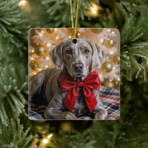 Christmas Weimaraner Dog With Red Bow Ceramic Ornament