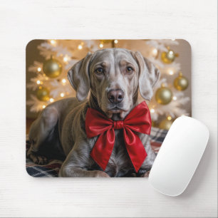 Christmas Weimaraner Dog With Red Bow Mouse Pad