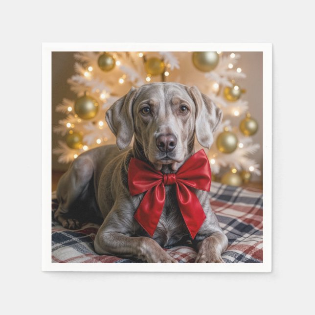 Christmas Weimaraner Dog With Red Bow Napkins (Front)