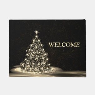 Christmas Welcome Golden Shiny Tree Winter Black Doormat