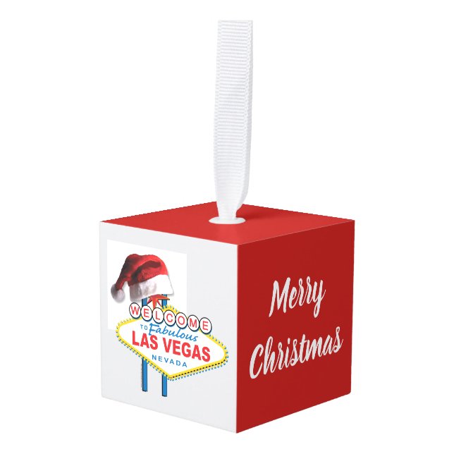 Christmas Welcome to Las Vegas Sign Cube Ornament (Front Angled)