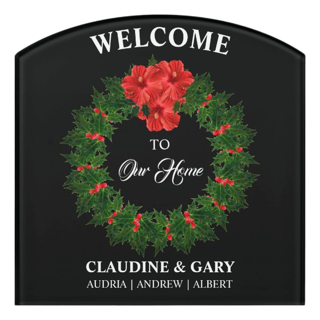 Christmas Welcome To Our Home Holly Family Name Bl Door Sign (Contour Front)