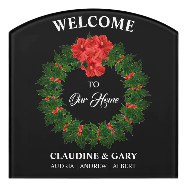 Christmas Welcome To Our Home Holly Family Name Bl Door Sign | Zazzle
