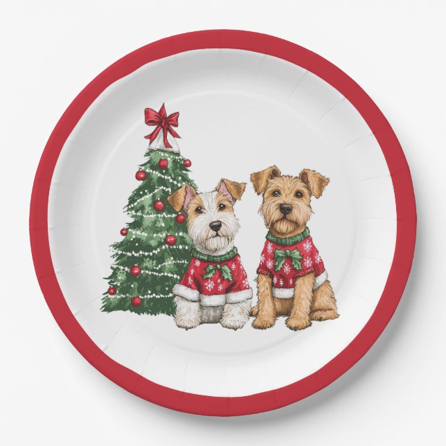 Christmas Welsh Wire Fox Terrier Dogs Paper Plates (Front)