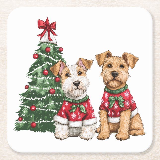 Christmas Welsh Wire Fox Terrier Dogs Square Paper Coaster (Front)