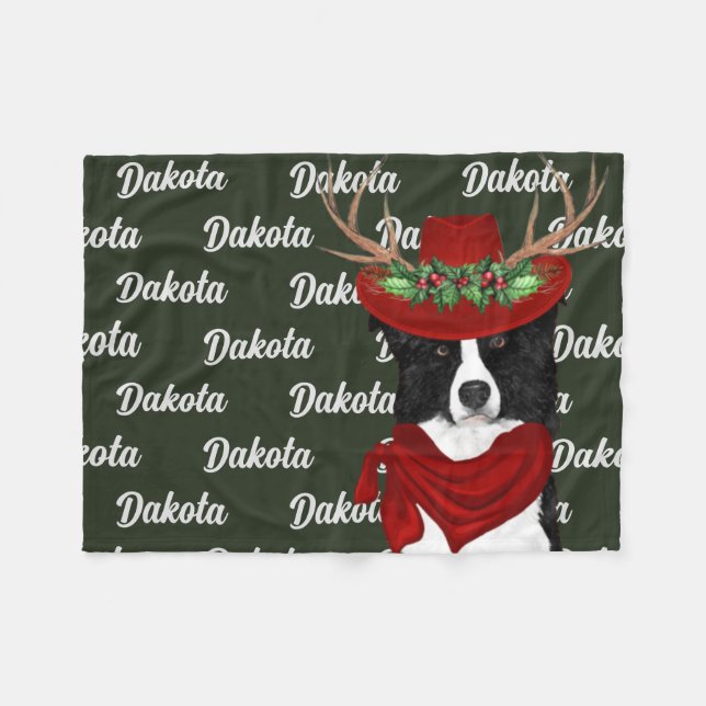 Christmas Western Border Collie with Dog's Name Fleece Blanket (Front (Horizontal))