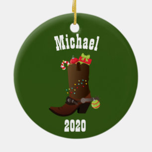 Christmas Western Cowboy Personalized Boot Ceramic Ornament