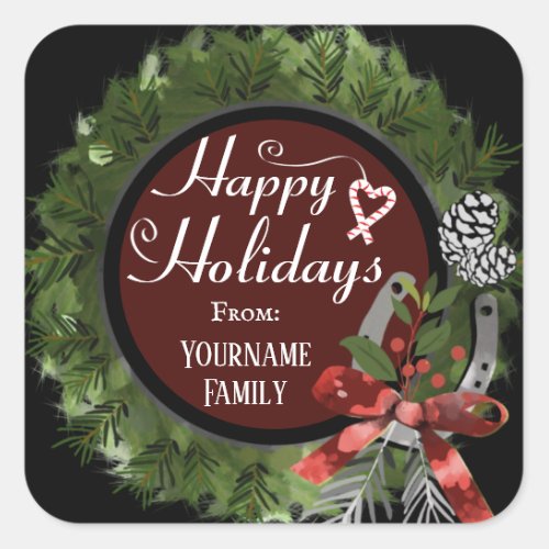 Christmas Western Wreath Custom Name Square Sticker