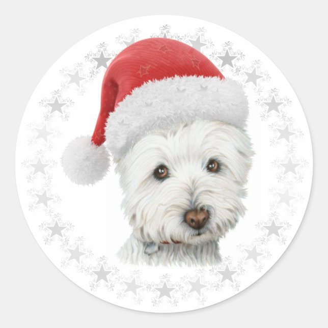 Christmas Westie Dog Art Classic Round Sticker (Front)