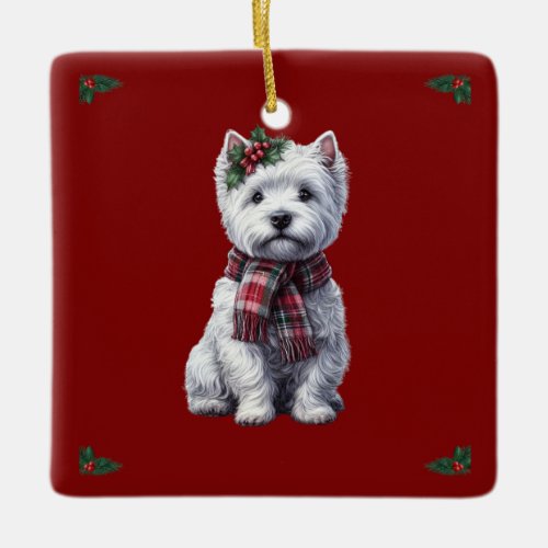Christmas Westie with holly ornament Ceramic Ornament