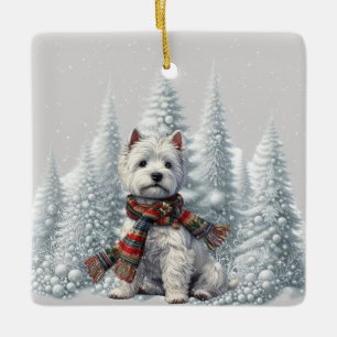 Christmas Westie with snowy trees ornament