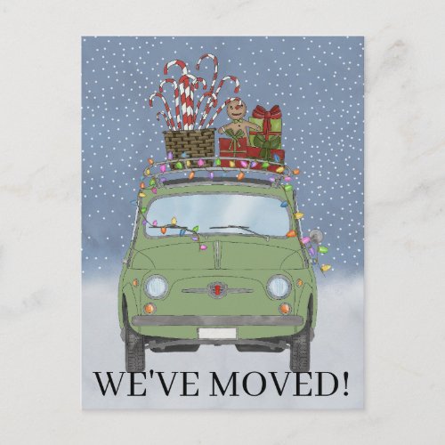 Christmas Weve Moved Green car with gifts Postcard