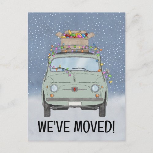 Christmas Weve Moved Green car with lights Postcard