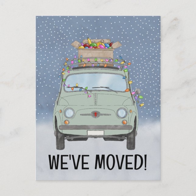 Christmas We've Moved Green car with lights Postcard (Front)