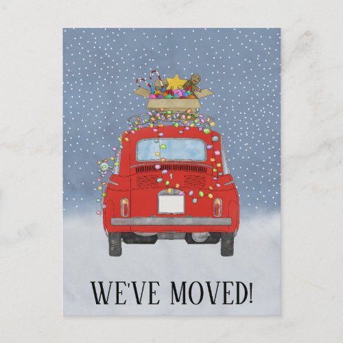 Christmas Weve Moved red car with lights Postcard
