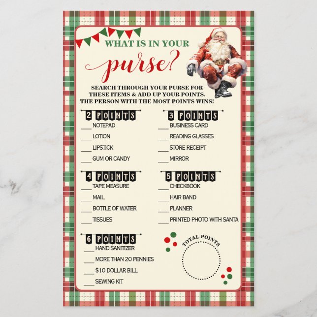 Christmas What is in your Purse Plaid Game Card Flyer (Front)