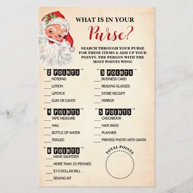 Christmas What is in your Purse Santa Game Card Flyer (Front)