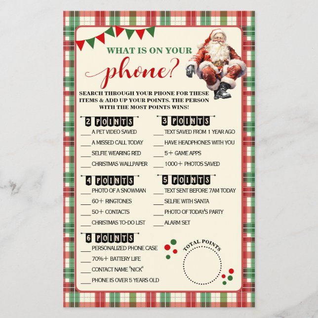 Christmas What is on your Phone Plaid Game Card Flyer (Front)