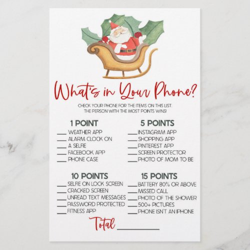 Christmas Whats In Your Phone Baby Shower Game Stationery