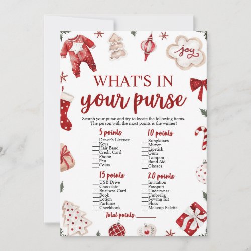 Christmas Whats In Your Purse Baby Shower Game Invitation