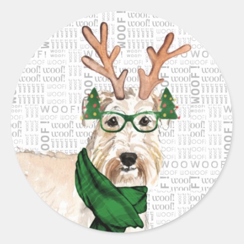 Christmas Wheaten Terrie Dog in Antlers Holiday Classic Round Sticker