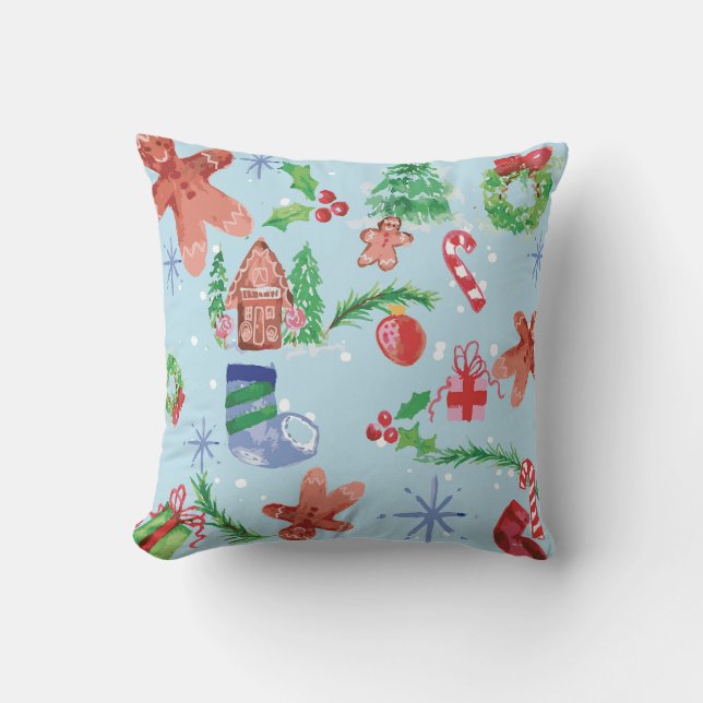 Christmas Whimsey on Blue Throw Pillow (Front)