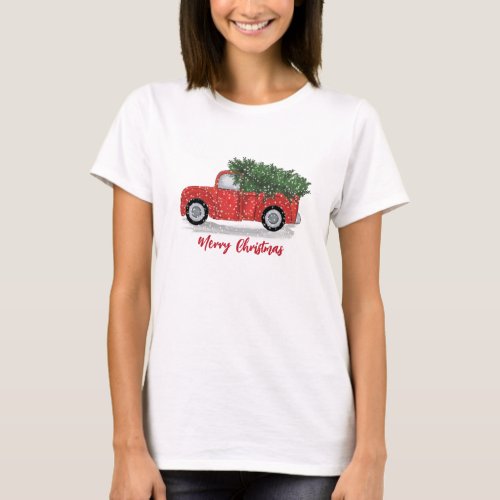 Christmas Whimsical Calligraphy Rustic Red Truck T_Shirt