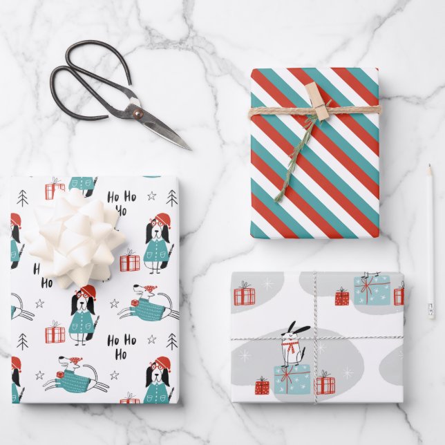 Christmas Whimsical Cartoon Dogs Wrapping Paper Sheets (Front)