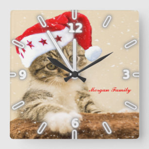 Christmas, Whimsical Cat Whit Santa Hat Square Wall Clock